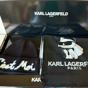 Karl Lagerfeld Black and White Beanie and Scarf Set